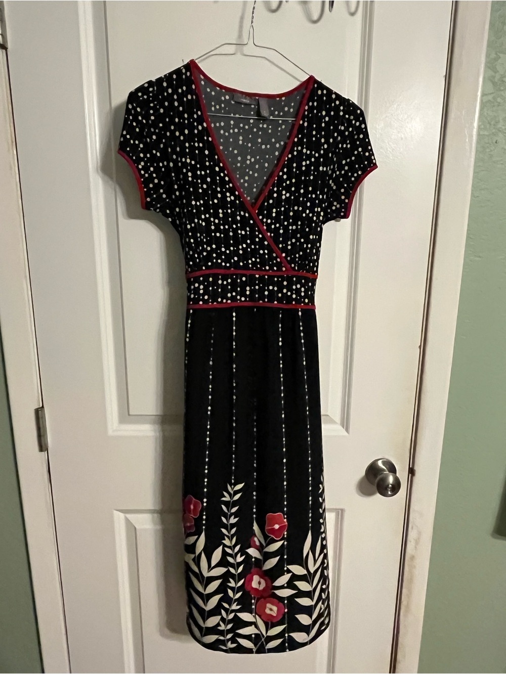 Apt. 9 Black Midi Dress with White Polka Dot Bodice and Red Trim